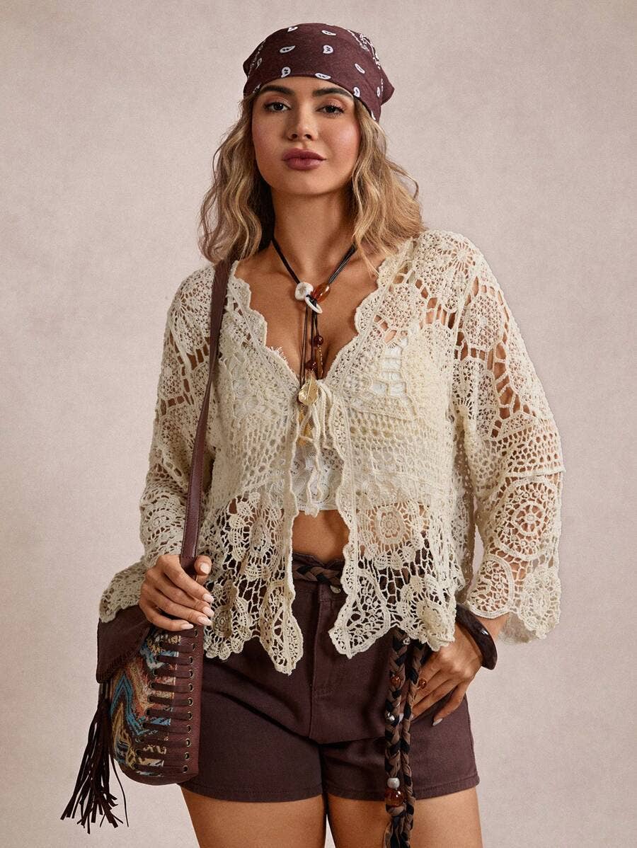 Boho Crochet Lace Cutout Top: Beige