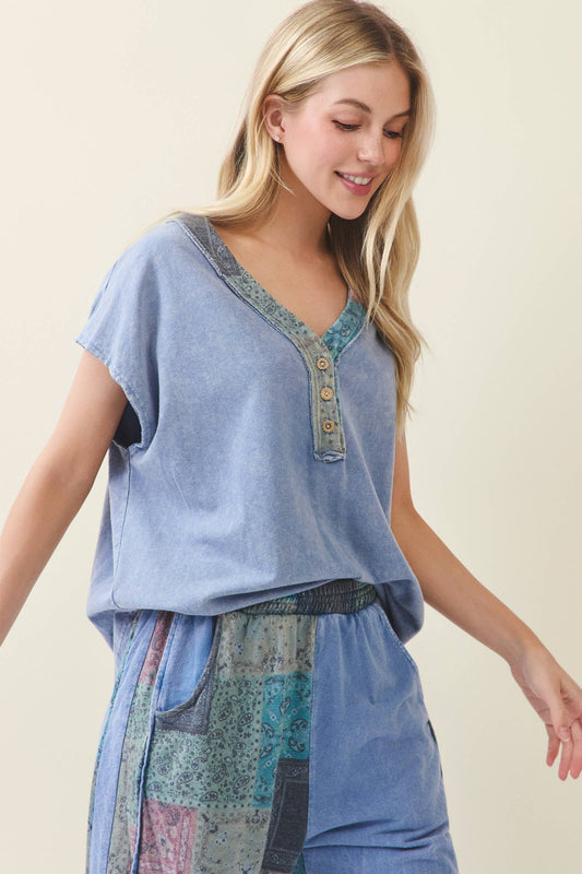 Bandana Patchwork Denim Blue Top