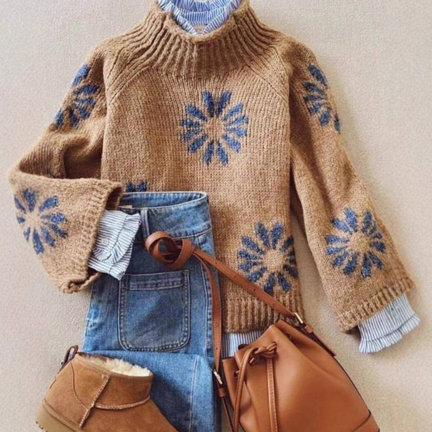 Khaki Floral Knit Sweater Ribbed