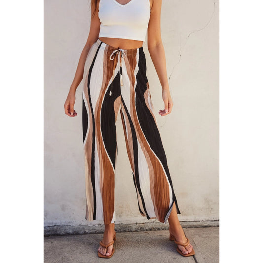 Wave Print Pleated Wide Leg Pants