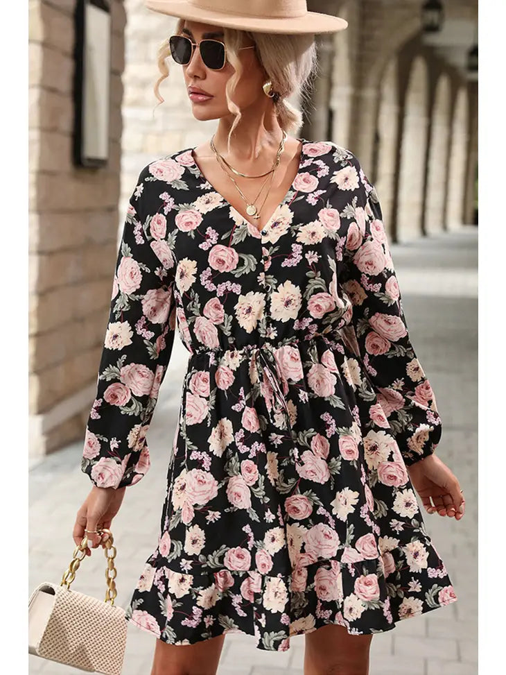 Black with Pink Floral Short Dress